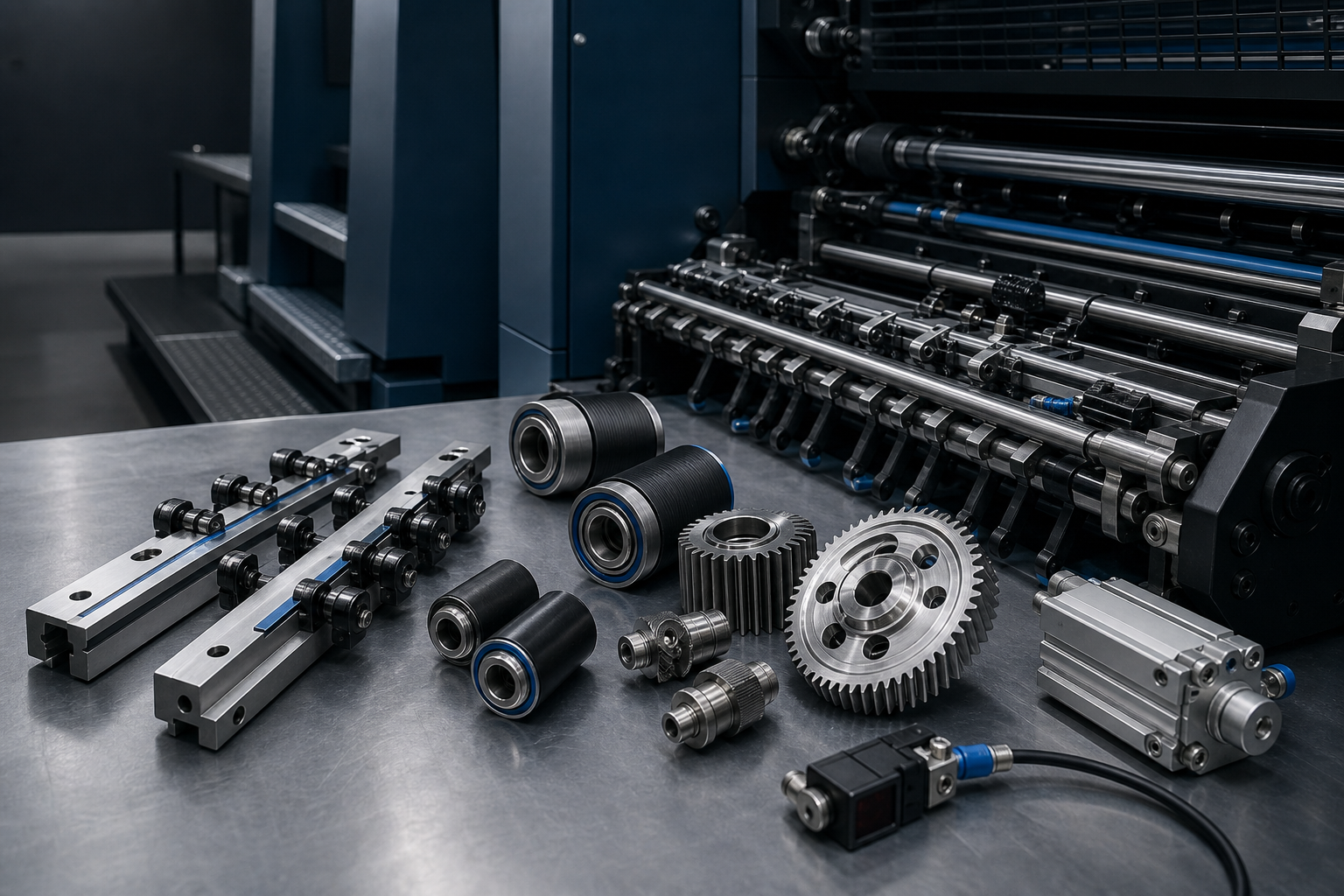 Precision printing press components arranged beside industrial machinery