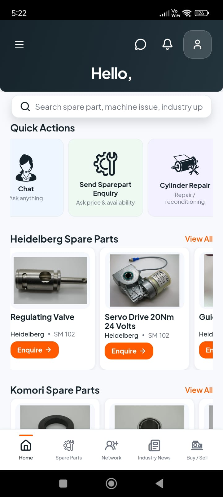 PressMate app home page showing quick actions, spare-part listings, and bottom navigation
